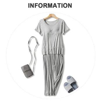 

Stripe Pajamas Leisure Breathable Elasticity Set Cropped Pants Loose Home Service Women's Round Neck Half Sleeve Set
