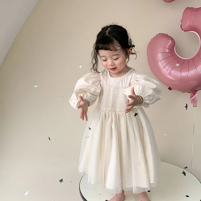 baby dresses for wedding 2022 Spring New Korean Style Baby Girls Princess Dresses Puff Sleeve Solid Color Ball Gown Toddlers Kids Party Dress fancy baby dresses