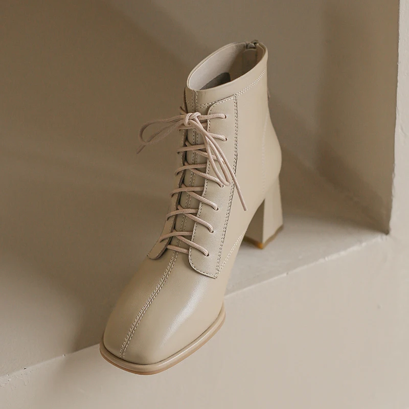 All-Match Shoes Sheepskin Lace-Up Round Toe High Heels Women Ankle