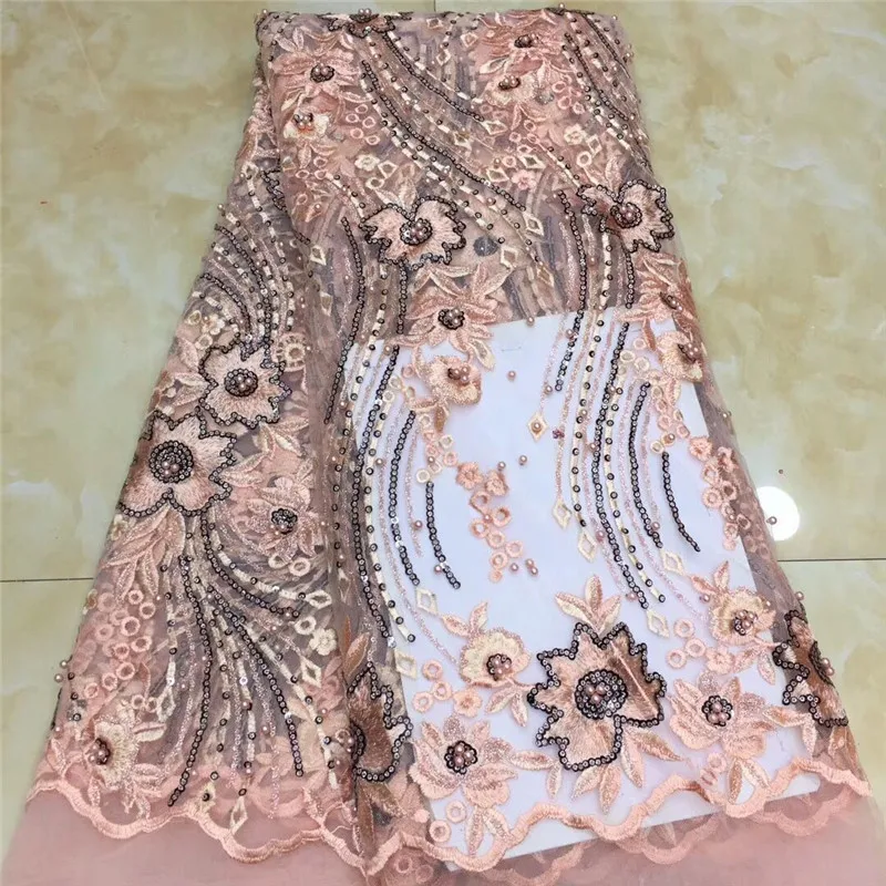 African pink Lace With beads Embroidery Textile Fabric High Quality Sequins French Tulle Fabrics For Wedding Party | Дом и сад
