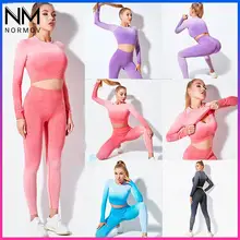

NORMOV 2 Pcs Gradient Crop Top Gym Sportswear High Waist Seamless Sets Breathable Long-Sleeved Top Fitness Leggings Gym Clothing