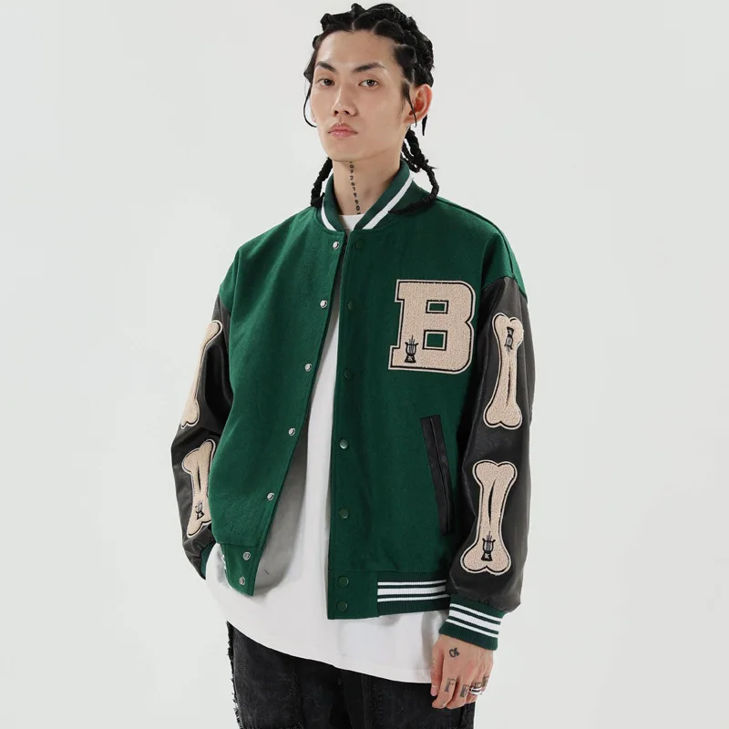 Hip Hop Furry Bone Patchwork Color Block Jackets Mens Harajuku College Style Bomber Jacket Men Baseball Coats 3 color