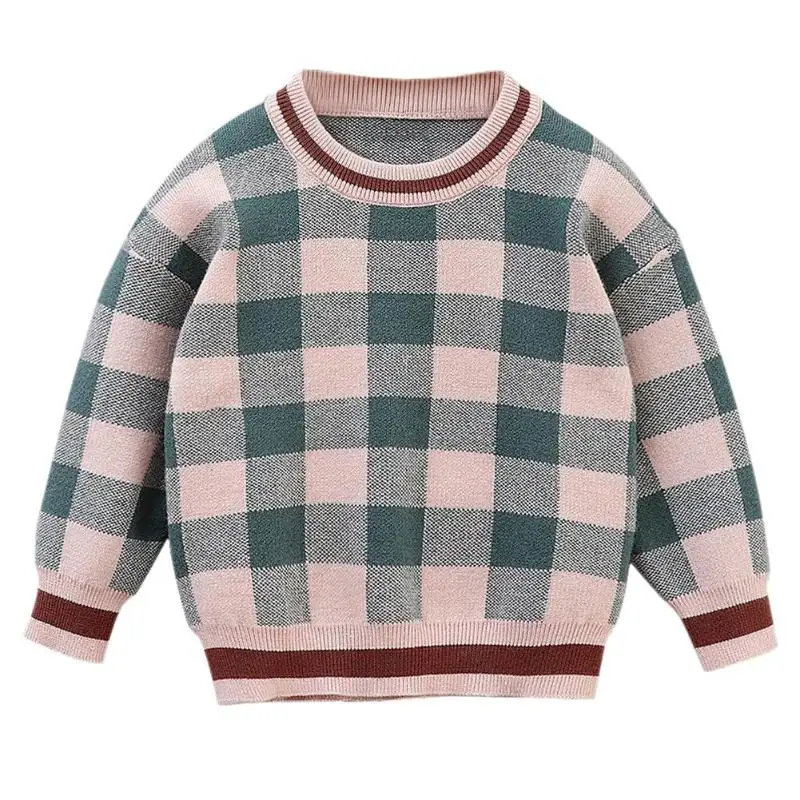 Детский клетчатый пуловер с круглым вырезом, темпераментный простой свитер, свободный осенний детский корейский Милый джемпер для мальчиков и девочек - Цвет: Зеленый