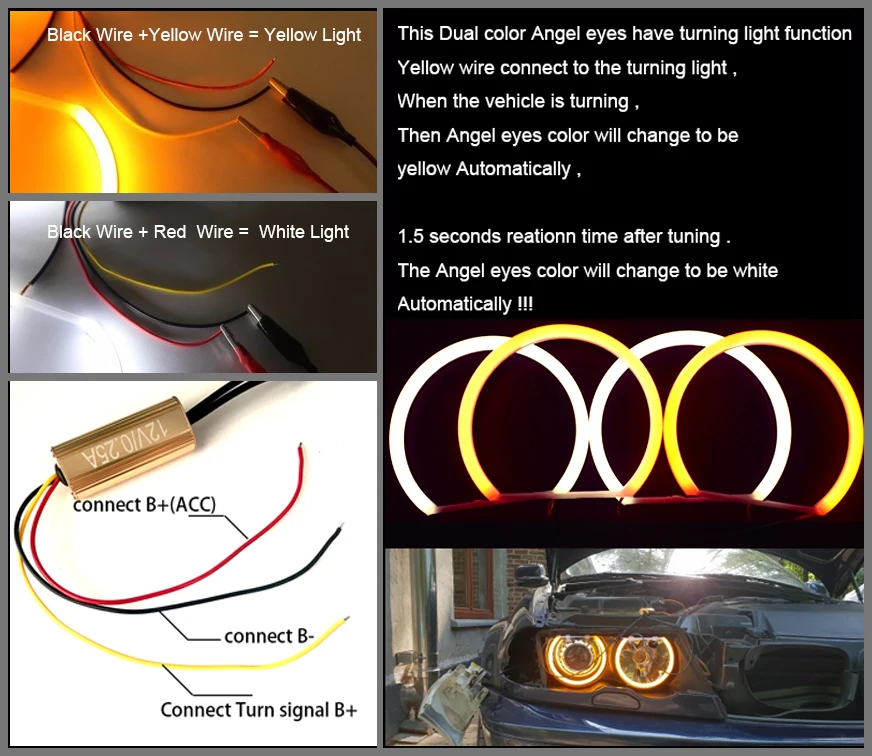 Car-styling Dual color WHITE Yellow 4X131MM LED Halo Rings Cotton Light For BMW E36 E38 E39 E46 M3 LED SMD Angel Eyes Lamp