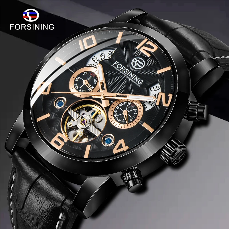 

Forsining Genuine Leather Year Month Fashion Display Tourbillon Mechanical Watch Top Brand Luxury Military Automatic Wrist Watch