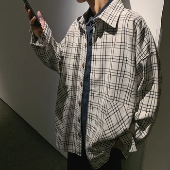 

2019 Spring And Autumn Men's New Youth Popular Plaid Fashion Casual Shirt Single-breasted Loose Jacket White / Black M-2XL