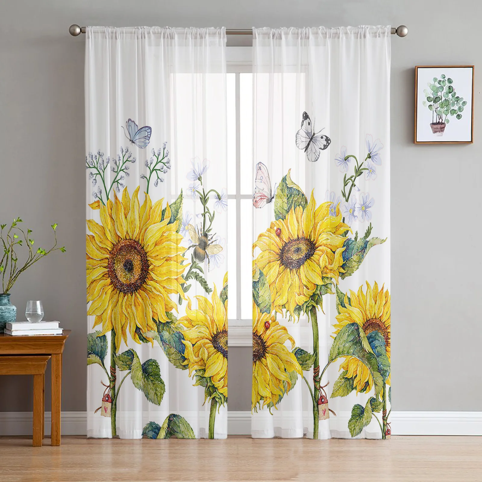 Sunflower Print Window Door Curtain Tulle Curtains for Living Room Bedroom Home 