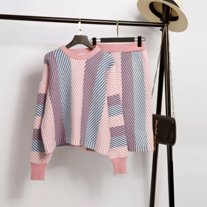 Новое поступление, Осенний элегантный винтажный вязаный свитер в полоску, пуловеры+ Облегающие юбки-карандаш, комплекты из 2 предметов, женский теплый костюм