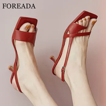 

FOREADA Flip Flop Woman Sandals Natural Genuine Leather High Heels Buckle Thin Heel Shoes Dress Square Toe Lady Sandals Black 40