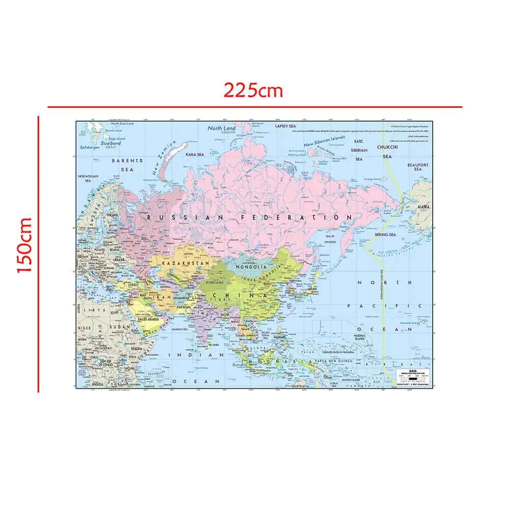 150x225cm Wall Art Pictures Asia Mercator Projection Map Posters and Prints Canvas Paintings for Living Room Office Home Decor