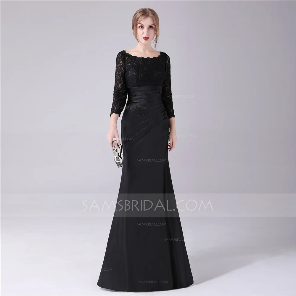 Sheath / Column Jewel Floor-length Chiffon Lace Evening Dress with Ruched Side-Draped