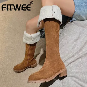 

FITWEE New Women Snow Boots Suede Leather Warm Plush Fur Winter Shoes Woman Over Knee Boots Fashion Long Boot Women Size 34-40
