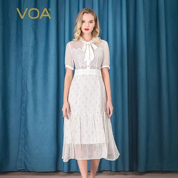 

VOA White Gold Leaf Silk Ribbon butterfly jie ling Lace Single Row ding zhu kou Waist Short-Sleeve Dress AH37