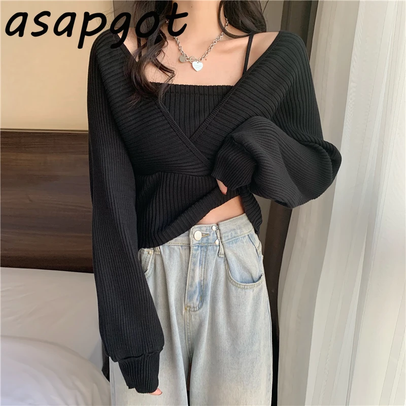 Pullovers V Neck Long Sleeve Black Fake Two Piece Knitted Tops Fashion Chic Korea Sweaters&ampJumpers Pull Femme Sweet Gentle Solid | Женская