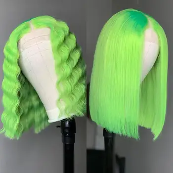 

Lace Front Human Short green Hair Wigs Straight And Deep Wave Front Wig For Black Women Pre Plucked With Baby LINMAN