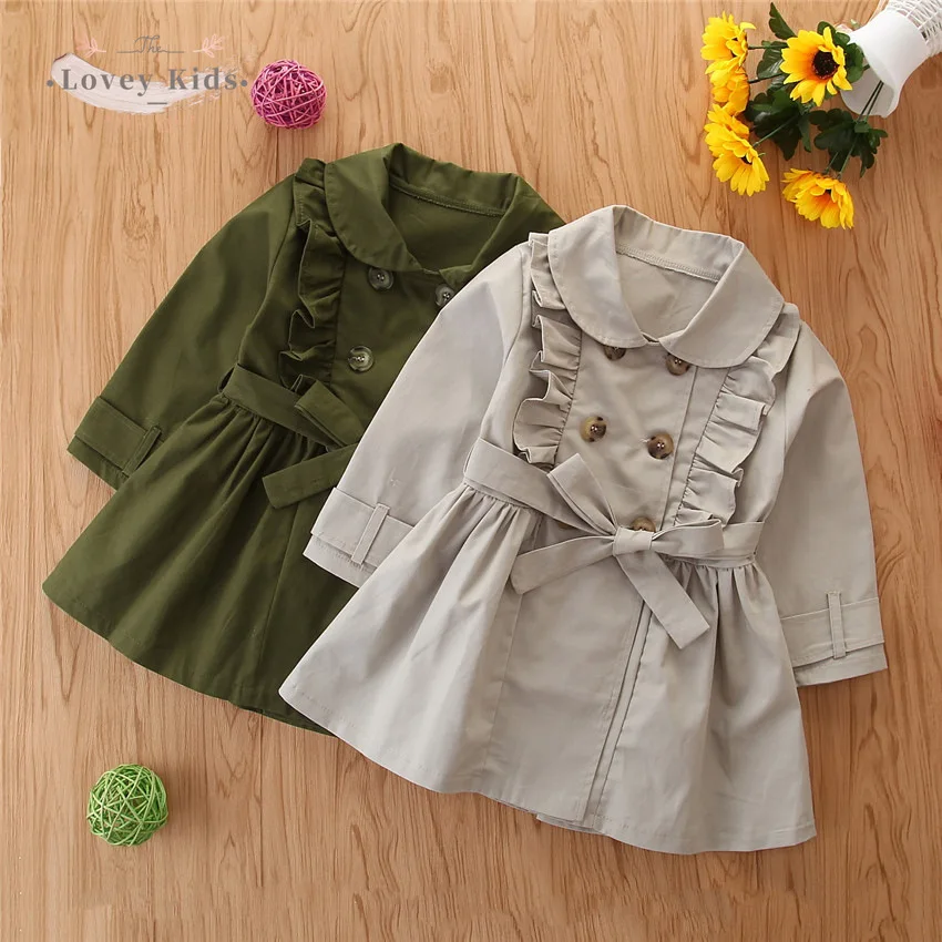 

2020 Autumn Baby Girl Costs 1-6Y Fashion Korean Style Trench Lapel Long Sleeve with Belt Jacket Army Green Gray Color Outerwear