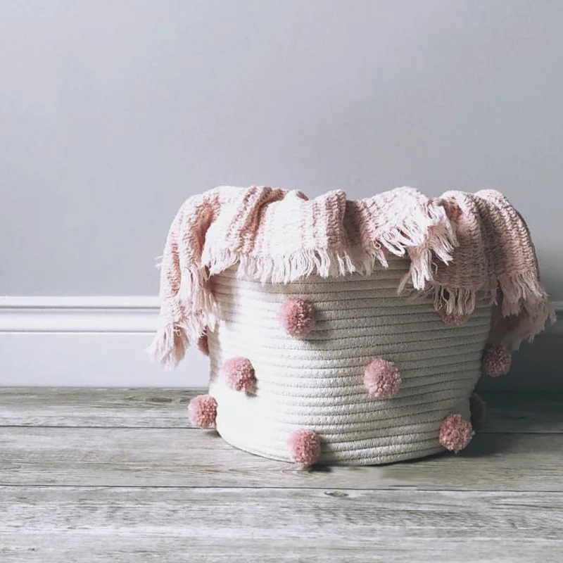 estilo nórdico corda de algodão de malha pompom decoração cesta lavanderia brinquedo balde armazenamento foto prop organizador casa grande capacidade