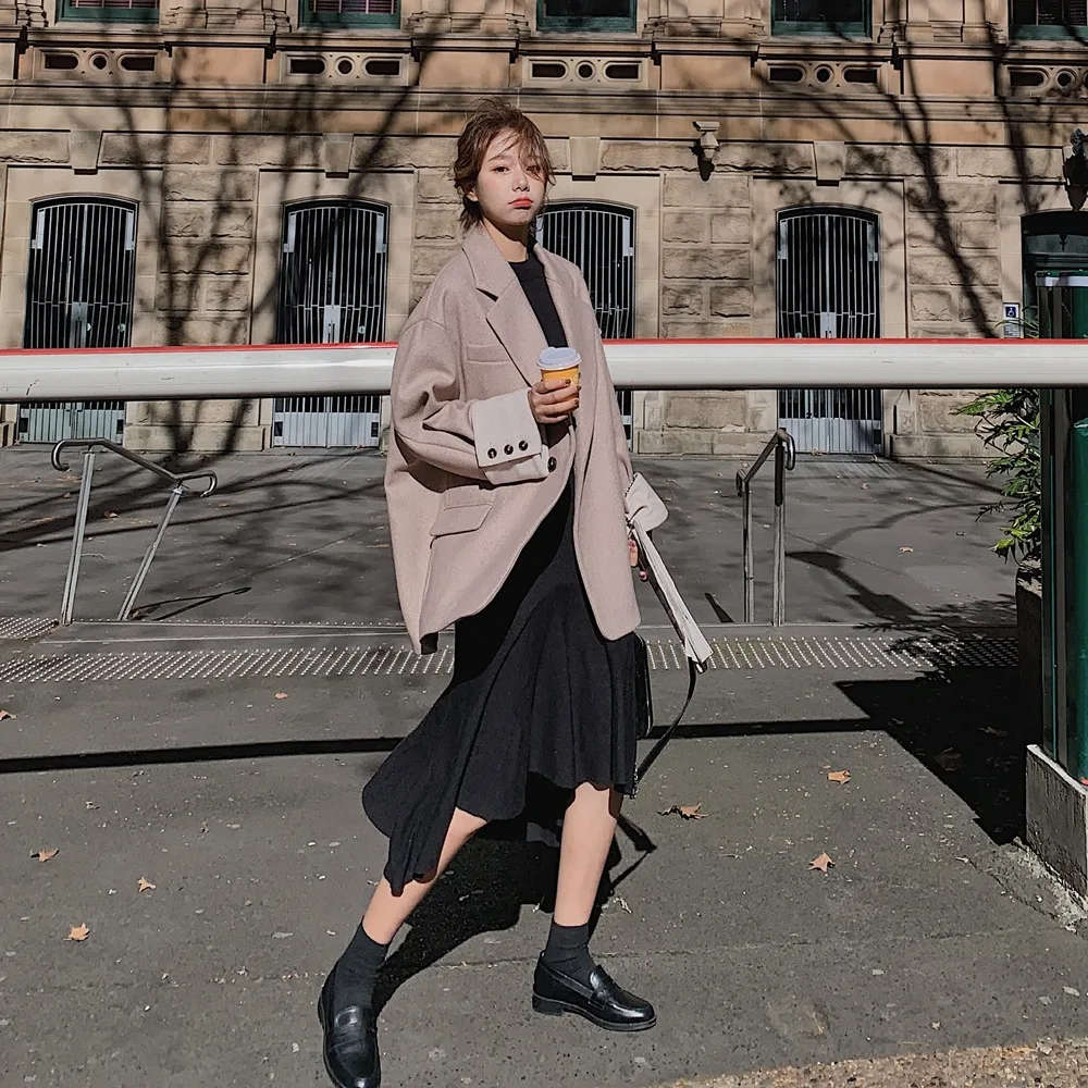 

Photo Shoot Joint Contrast Color Sleeves Woolen Jacket 2019 Autumn And Winter New Style WOMEN'S Dress Retro CHIC Loose-Fit Woole