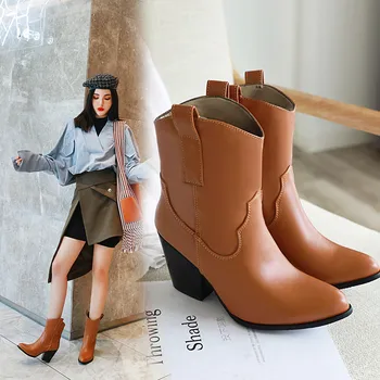 

Fashion embossed microfiber leather women ankle boots pointed toe western cowboy boots women mid-calf chunky wedges boots runway