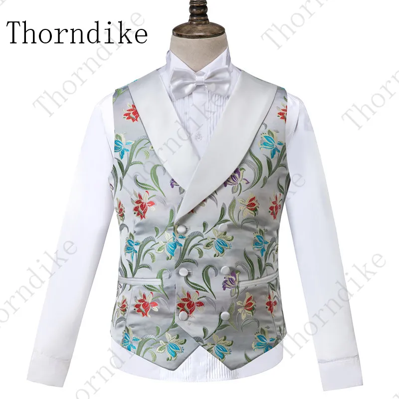 Thorndike мужские серебряные Цветочные костюмы на одной пуговице Выпускной, Свадьба жениха мужские смокинги Костюм(пиджак+ жилет+ брюки) мужской свадебный костюм