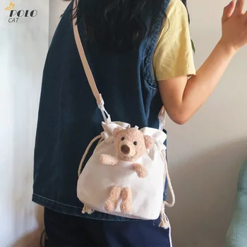 

Women Small Canvas Crossbody Shoulder Bag Tote Handbags Casual Shoulder Work Bag Cartoon Lace Up Messenger Bag With Little Bear