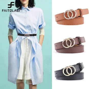 

Double Circle Women Jeans Belt Strap Gold Buckle Thin Belts for Women Coffee Brown Black Ladies Dress Belt Female Wasitband