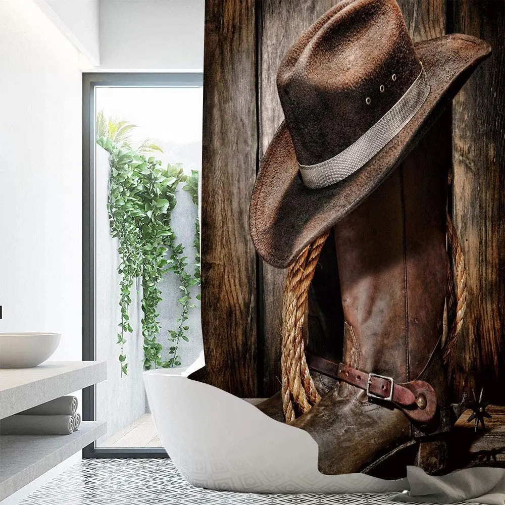 Madera Antigua Rancho Barn Cowboy Sombrero de Paja Forro De Cortina De Ducha Tela Impermeable Gancho