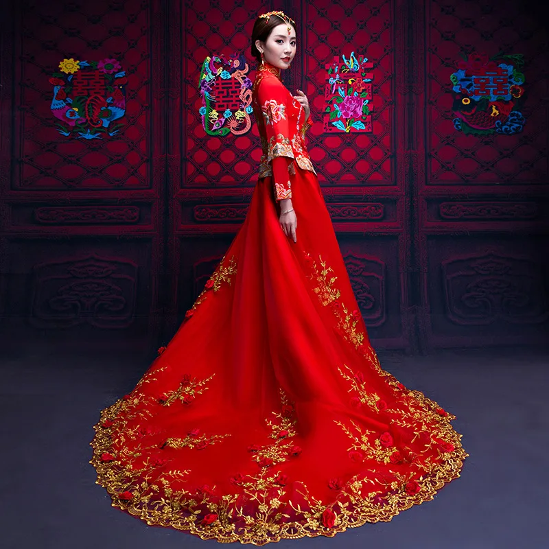 

Bride Wedding Show Wo Dress Big Red Chinese Wedding Dress Big Tail Embroidery Dragon and Phoenix Gown Plus Size Wedding Dress