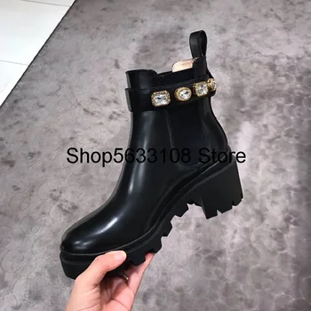 

Crystal Embellished Low heels Ankle Boots Brand Women Boots Platform Shoes Woman Runway Chelsea Boots Designer Bota Feminina