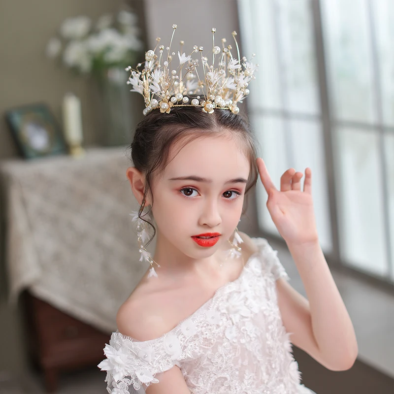 Corona di diadema d'oro con set di orecchini ragazze bambini diademi fatti  a mano perle copricapo di cristallo velo ornamenti per capelli regalo per  feste - AliExpress