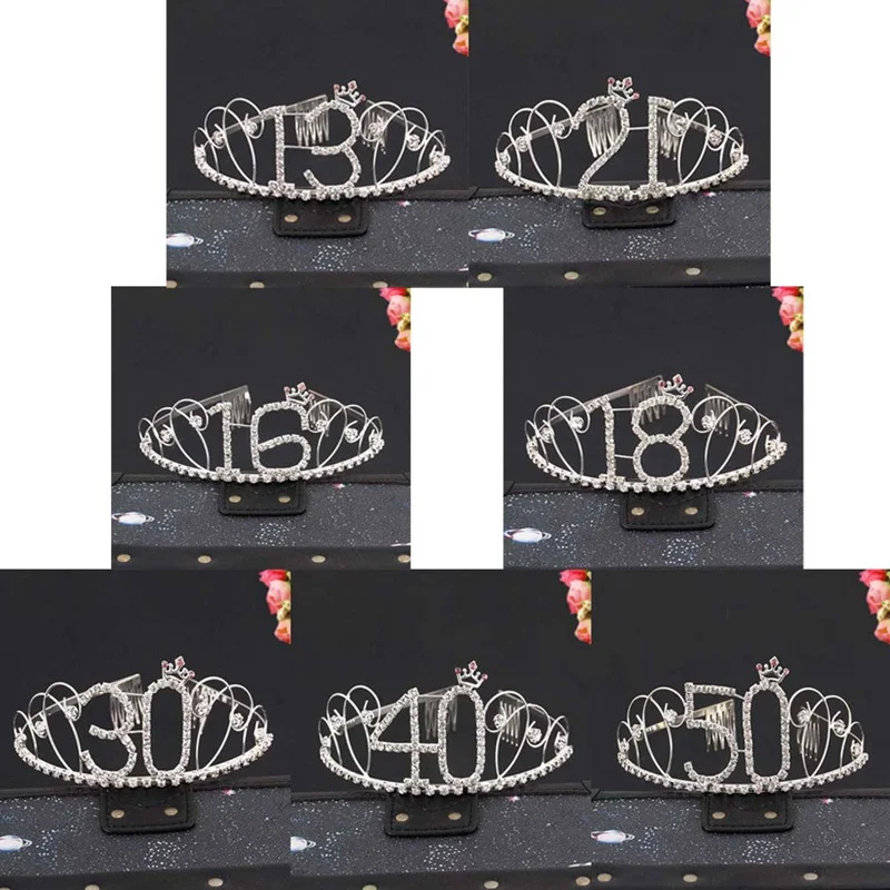 Anniversary Birthday 13/16/18/21/30/40/50th Silver Rhinestone Tiara Crown Headband For Cake Prom Party | Дом и сад