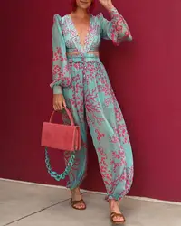 2023 Sexy V-Neck Jumpsuit Summer Long Sleeve Loose  Playsuit Overalls Women Elegant Flower Print Pocket Rompers Wide Leg Pant