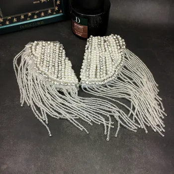 

4pc Rhinestone Pearl Beaded Fringe Epaulettes Tassel Badges Patch For Clothing Epaulette Shoulder Mark Escapulario Pin On AC1487