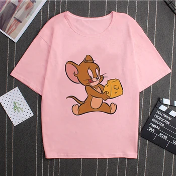 

Cat Tom Mouse Jerry New Ulzzang S-XXL Loose Casual Short Sleeve Fun Cute Female Cartoon Print Summer T-Shirt Harajuku Pink Top