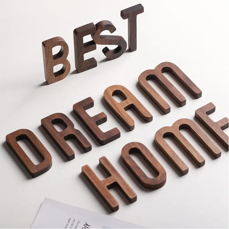 Black Walnut Wall English Alphabet Numbers Combination House Cafe Bar DIY Adhesive Wooden Decoration Letters Numbes