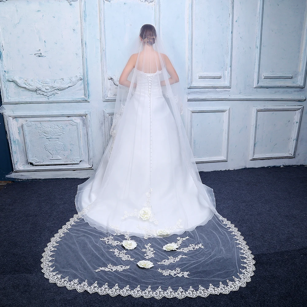Новые элегантные женские туфли-лодочки на собор вуаль легкая Тюлевая 3d с цветами; Возраст 3 м цвета слоновой кости с кайма из кружева, свадебная фата свадебное платье из тюля и аксессуары