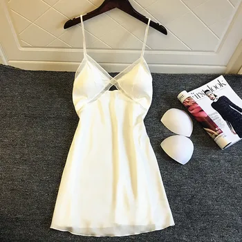 

New Sexy Silk Imitation Sleep Dress Female with Chest Pad Gathered Hot Lace Suspenders Nightdress Midnight Charm Home Nightgowns