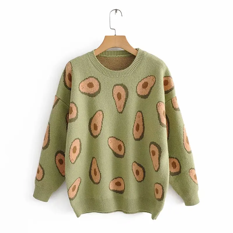 LUNDUNSHIJIA Новое поступление весна осень женский свитер милый авокадо с принтом Модные свободные пуловеры женский свитер - Цвет: Зеленый
