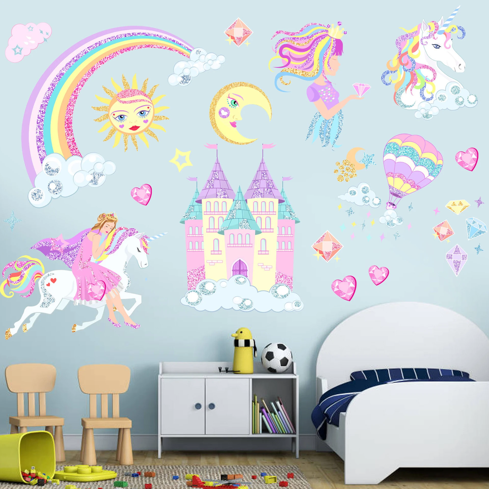 

Unicorn wall stickers Rainbow Girl Castle for kids rooms bedroom living room decorative children wall decals stickers wallpaper