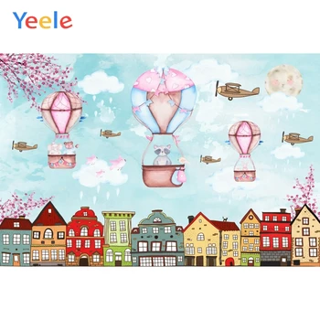 

Cartoon Hot Air Balloon City Air Plane Baby Birthday Party Backdrop Photography Custom Photographic Background For Photo Studio