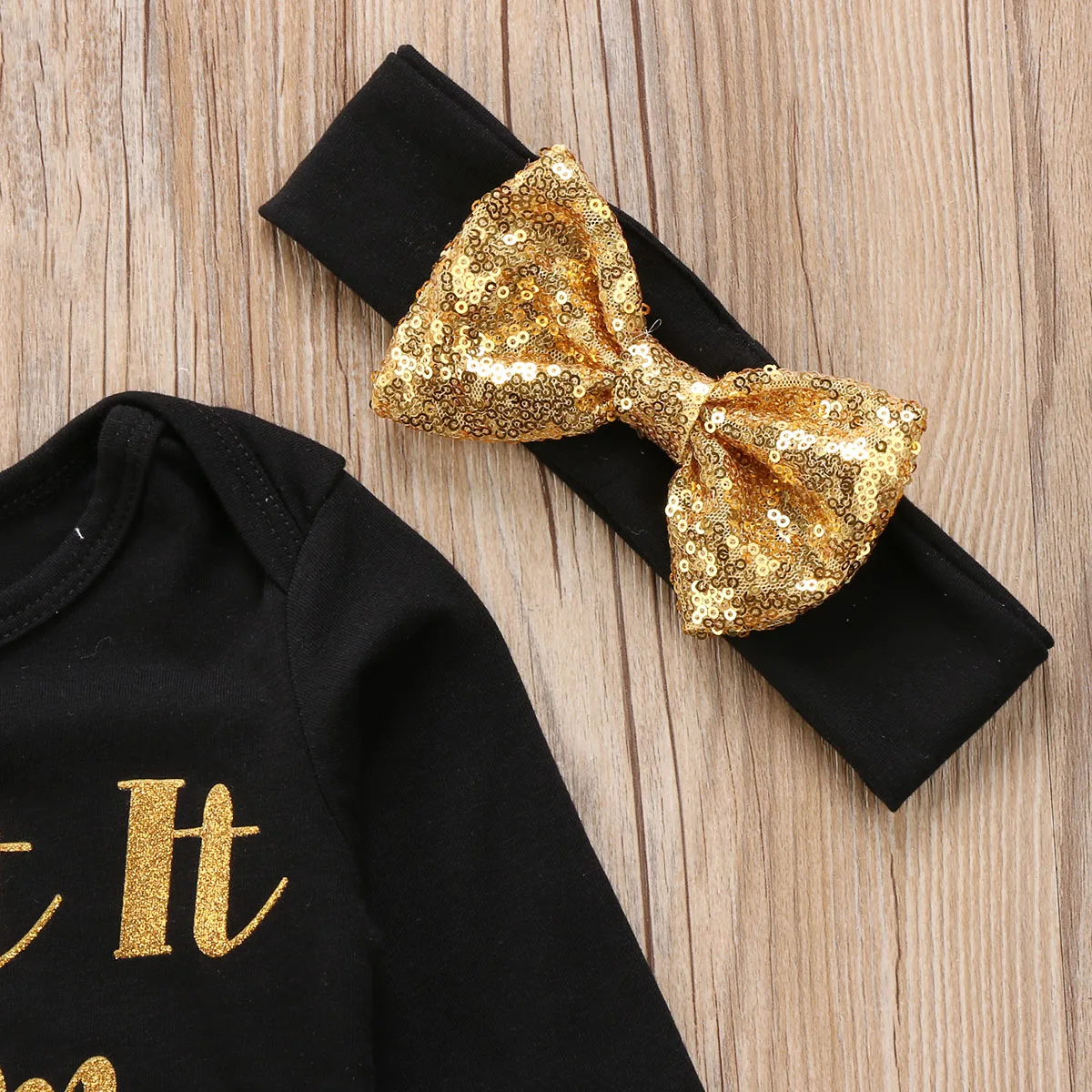 Милый черный комбинезон с золотыми буквами из 2 предметов для маленьких девочек, комбинезон, хлопковая повязка на голову, одежда