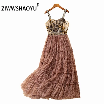 

ZIWWSHAOYU Women‘s Summer Spaghetti Strap Dress Sexy Backless Gorgeous Beading Leopard Printed Female Fashion Mesh Long Dresses