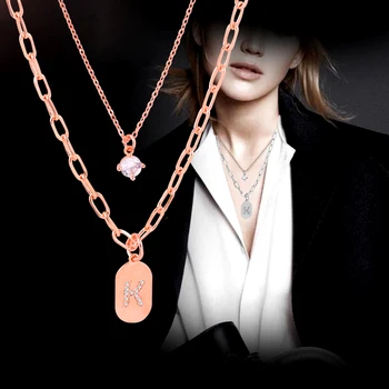 

SINLEERY 2 Layers/set Crystal Letter K Pendant Necklace Rose Gold Silver Color Chain Necklaces For Women Jewelry XL723 SSG