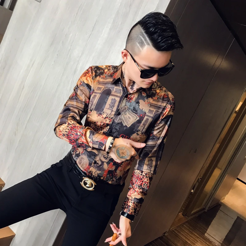 2019 роскошные мужские рубашки с золотым принтом Ropa De Hombre повседневные осенние Рубашки мужские Клубные рубашки дизайн Camisa Social Slim Fit