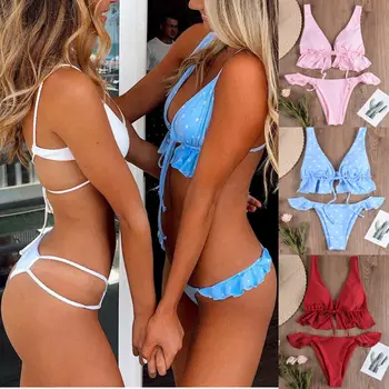 

Women Polka Dot Ruffle Push Up High Waisted Bikini Set Briefs Swimsuit Swimwear