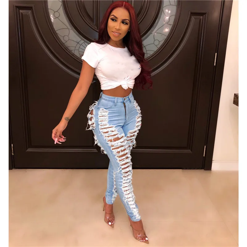 High Street Ripped Hole Jeans Women's Destroyed High Waist Distressed Slim Denim Jeans Sexy Skinny Pencil Pants Summer Pants (2)