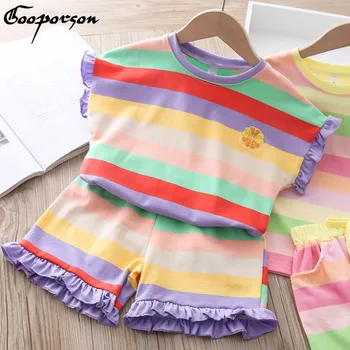 

Korean Fashion Little Girls Clothign Set Flower Embroidery Colorful Stripes Top&shorts Cute Toddler Clothes Summer Outfits