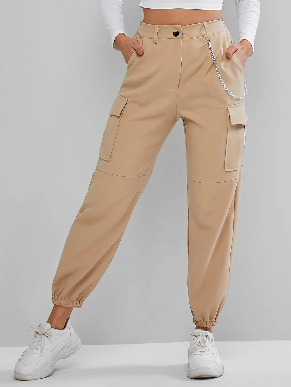 ZAFUL штаны для бега с цепочкой и карманами, высокая талия, одноцветные женские штаны с высокой талией, Осенние уличные штаны, популярные штаны - Цвет: Light Khaki