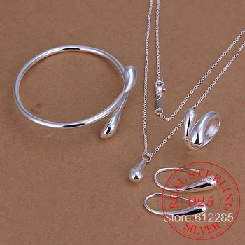 

925 Sterling Silver Waterdrop Jewelry Sets Necklace Bracelet /Bangle Earring Rings For Women Four-Pieces Wedding Jewelry Set