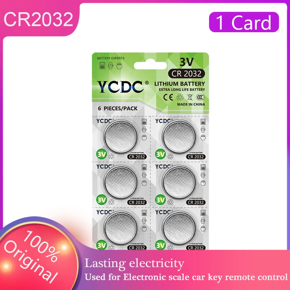 6 uds/tarjeta de YCDC 3V CR2032 pila de moneda DL2032 5004LC batería KL2032 Batería de botón de litio reloj de 2032 célula de energía pilas venta al por mayor